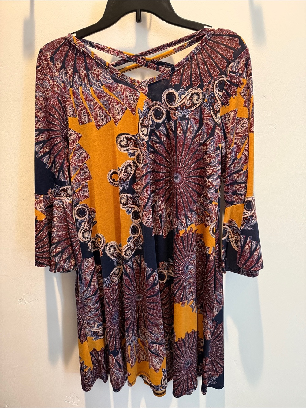 Crisscross Neck Tunic Dress in Mustard & Navy